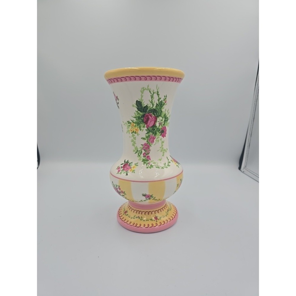 Laura Ashley 9 In Roses Stripes Pink‎ And Yellow Flower Vase Country